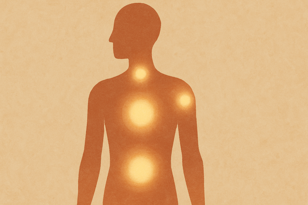 Les Conseils 3 Illustration anatomique du trauma stocké dans le corps — zones lumineuses sur silhouette
